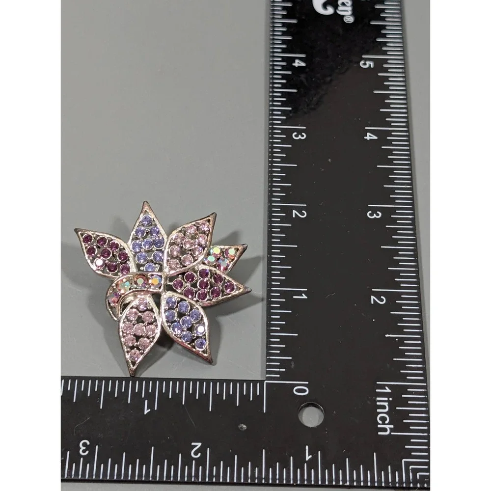 Pink Purple‎ AB Crystal Pave Flower Brooch PIn Pendant Silver Tone